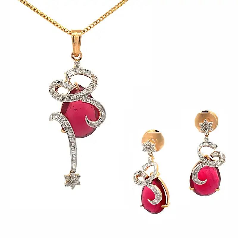 18K Gold Diamond Gemstone Pendant Set